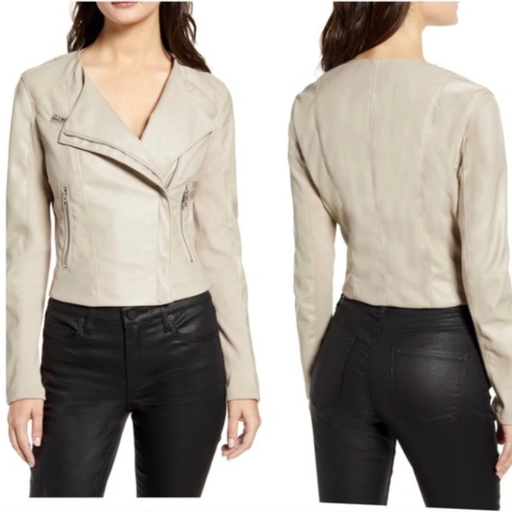 Blank NYC Record‎ Breaker Vegan Leather Moto Jacket Beige Classic Sleek 3X